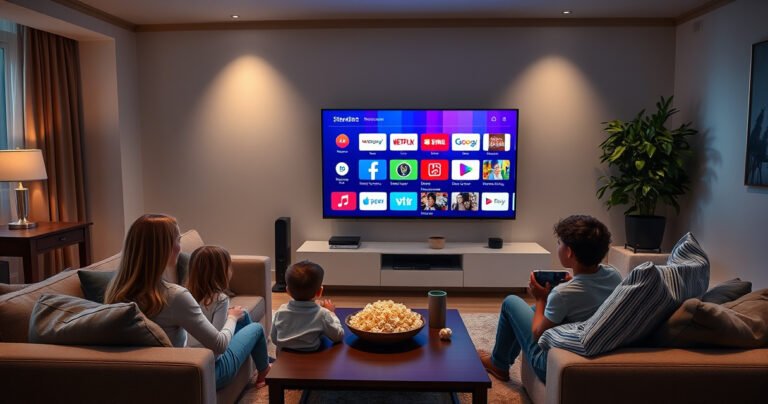 A sleek modern living room featuring a large, vibrant smart TV displaying colorful apps and streaming options. The room is tastefully decorated with contemporary furniture, soft lighting, and a cozy atmosphere. A family gathers around, enjoying a movie night, with popcorn and snacks on the coffee table, showcasing the connectivity and entertainment aspect of smart TVs.