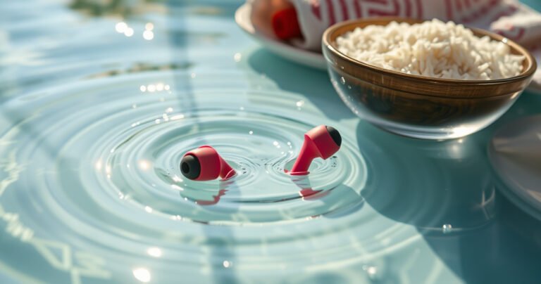 A pair of vibrant, sleek earbuds partially submerged in glistening water, surrounded by ripples and droplets. Sunlight sparkles on the surface, creating a shimmering effect. Nearby, a towel and a bowl filled with rice are artistically arranged, emphasizing the urgency of the situation. The background is blurred, focusing the viewer's attention on the earbuds.