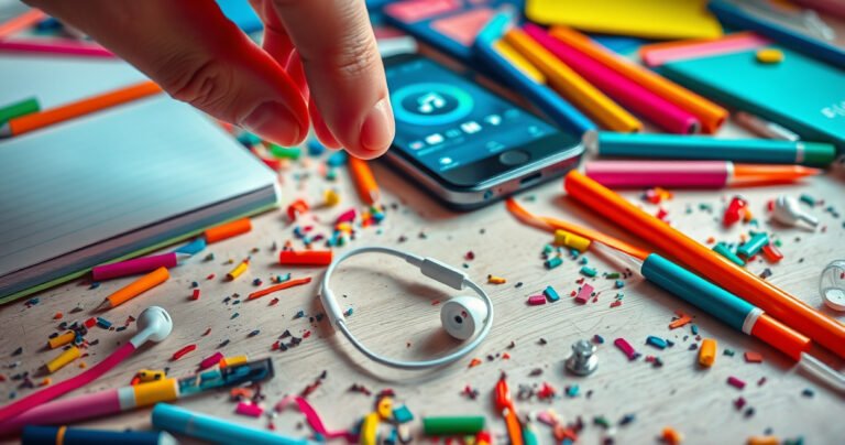 A close-up of a vibrant, cluttered desk scattered with colorful stationery, a half-opened notebook, and a smartphone displaying a music app. One shiny, lost earbud lies on the desk, glinting under a warm light, while a hand reaches out to pick it up, conveying urgency and the chaos of everyday life.