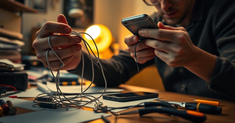 A close-up of a frustrated person sitting at a cluttered desk, tangled earphone wires in one hand and a smartphone in the other, surrounded by tools like tweezers and a small screwdriver. The background features a warm, inviting workspace with scattered notes and a glowing lamp, highlighting the urgency of finding a quick fix.