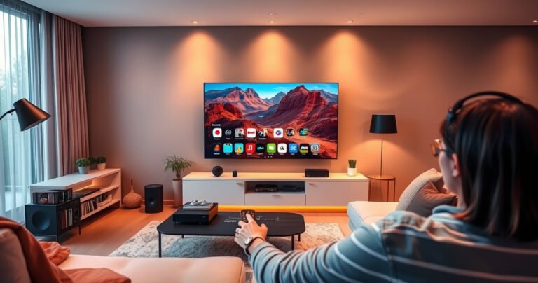 A sleek, modern living room featuring a large smart TV displaying vibrant, high-resolution images. Surrounding the TV are cozy furnishings, ambient lighting, and tech gadgets. Include a person interacting with the TV through a remote control, showcasing features like streaming apps and voice recognition, with a warm, inviting atmosphere that highlights a tech-savvy lifestyle.