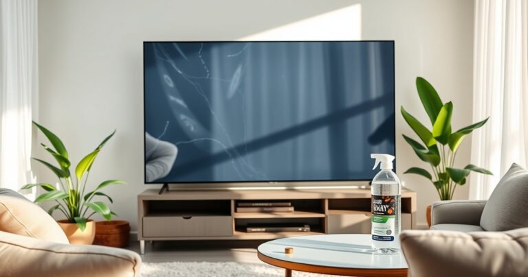 A pristine living room featuring a sleek smart TV with a sparkling clean screen, surrounded by natural light. Soft, modern furnishings, a cozy ambiance, and a stylish cleaning solution bottle on a nearby table. Gentle reflections on the TV display emphasize clarity, while green plants add freshness, creating an inviting and clean atmosphere ideal for viewing.
