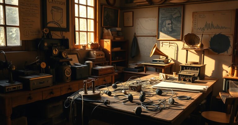 A vintage scene showcasing an early 20th-century inventor's cluttered workshop, filled with brass gadgets and wires, a wooden workbench strewn with prototype earphones, dimly lit by warm sunlight filtering through dusty windows, with sketches of sound waves on the walls and an antique phonograph in the background, evoking the spirit of innovation and creativity.
