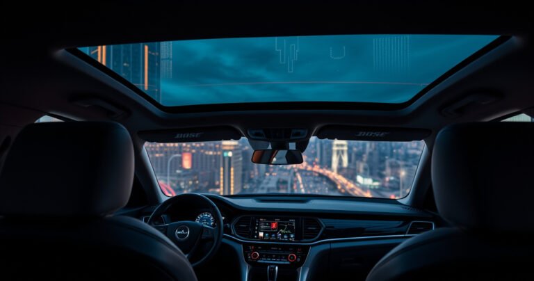 A sleek, modern car interior featuring high-quality Bose speakers, illuminated by soft ambient lighting. The dashboard displays a navigation system, and the seats are plush and inviting. Outside, a vibrant cityscape at dusk glimmers through the windshield, creating a sense of adventure and luxury, highlighting the perfect blend of technology and comfort.