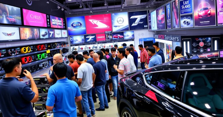 A vibrant, bustling electronics store filled with colorful car speakers on display, shoppers eagerly examining various models. Bright signage highlights sales and promotions, while an enthusiastic employee demonstrates sound quality. The background features posters of popular car brands, and a sleek, modern vehicle is parked nearby, showcasing the speakers in an inviting, energetic atmosphere.
