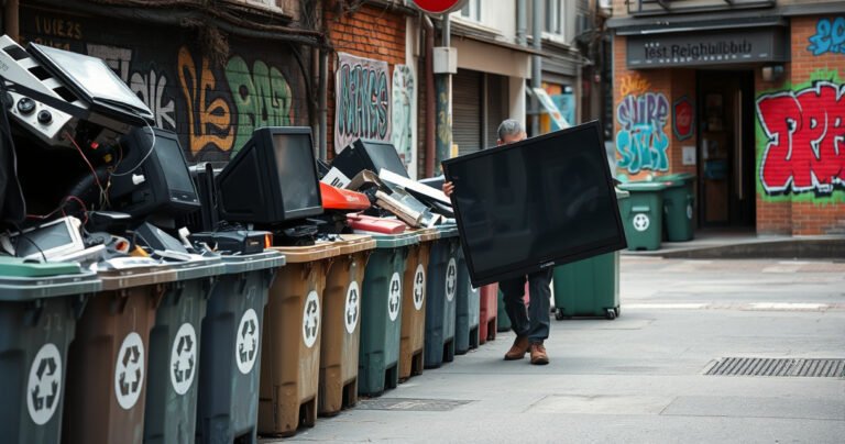 A cluttered urban street lined with various recycling bins, each overflowing with old electronics, including a broken TV. In the foreground, a person casually drops off a large, outdated television. Bright graffiti art on nearby walls adds a splash of color, while a friendly neighborhood shop can be seen in the background, hinting at local disposal options.