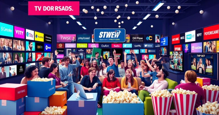 A vibrant digital marketplace filled with colorful boxes and icons representing various TV series. Lively characters from popular shows interact with excited fans, surrounded by streaming platforms' logos. Bright banners promote legal downloads, while a backdrop of cozy living rooms and popcorn hints at the ultimate viewing experience. The atmosphere is buzzing with energy and anticipation.