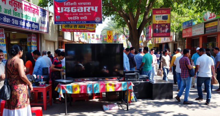 A bustling local marketplace scene featuring diverse people engaging in buying and selling used electronics, with a large, flat-screen TV prominently displayed on a colorful table. Surrounding vibrant banners and signs advertise different local shops, while sunlight filters through trees, casting playful shadows on the ground, creating an inviting atmosphere for community trade.