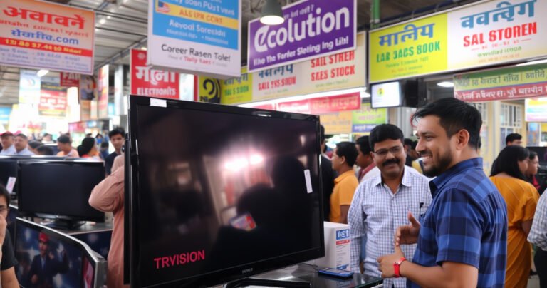 A bustling marketplace with vibrant stalls, people haggling over electronics, a shiny flat-screen TV prominently displayed, sunlight glinting off its surface. Nearby, a cheerful seller gestures towards the TV while an intrigued buyer examines it closely. Surrounding the scene are colorful banners advertising various selling platforms, capturing a lively atmosphere of commerce and negotiation.