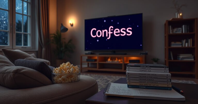 A cozy living room scene with a plush sofa, popcorn bowl, and a large TV screen displaying the title "Confess" in bold letters. Dim lighting casts a warm glow, while a window reveals a starry night outside. A stack of DVDs and a notebook filled with notes about the show sit on a nearby coffee table.