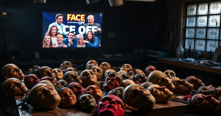 A dramatic scene set in a dimly lit workshop, showcasing intricate masks and prosthetics scattered across the table, with vibrant colors and textures reflecting the artistry of special effects. In the background, a glowing television screen displays iconic moments from the "Face Off" TV show, casting a warm light on the creative chaos.