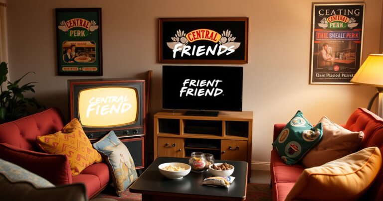 A cozy living room scene featuring a vintage television set playing the iconic Friends opening credits, surrounded by colorful throw pillows and a coffee table with snacks. Warm lighting casts a nostalgic glow, while posters of the Central Perk café adorn the walls, evoking a sense of friendship and laughter.