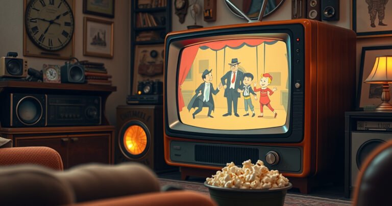 A vintage TV set in a cozy living room, surrounded by retro memorabilia and spy gadgets, casting a warm glow. On the screen, a classic scene from a spy comedy unfolds, with whimsical characters in playful poses. A bowl of popcorn sits nearby, inviting viewers to enjoy a nostalgic movie night.