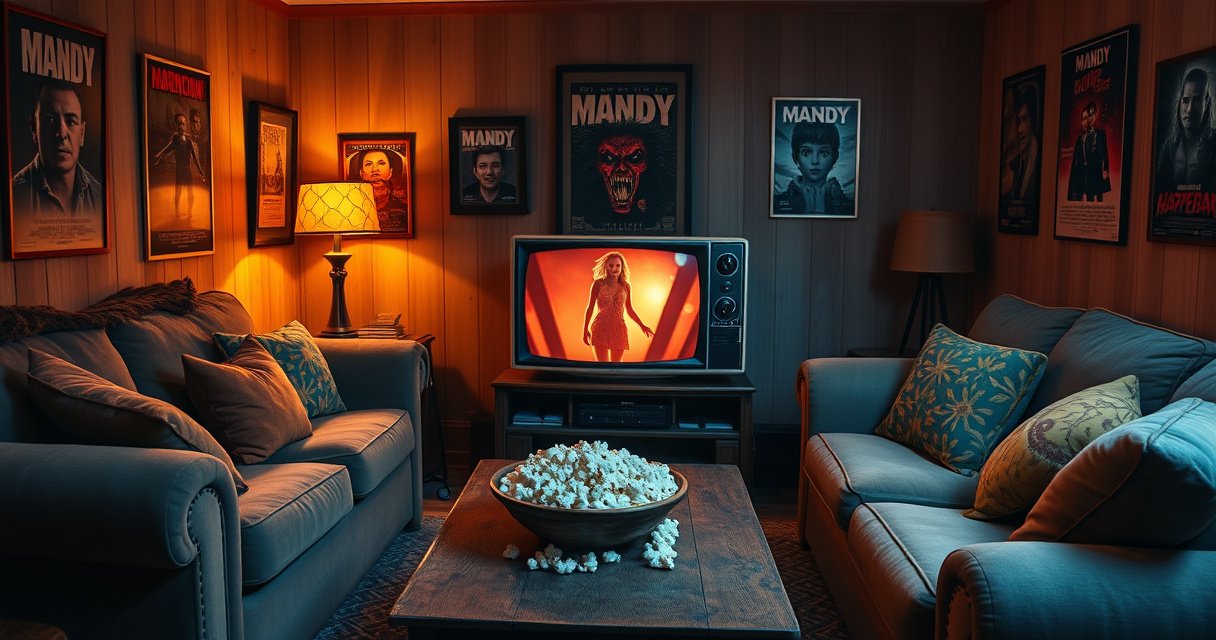 A cozy living room bathed in warm light, featuring a vintage TV set displaying a chilling scene from the Mandy series. Plush couches adorned with colorful cushions, a bowl of popcorn on a rustic coffee table, and posters of iconic horror films on the walls, creating an inviting yet eerie atmosphere perfect for binge-watching.