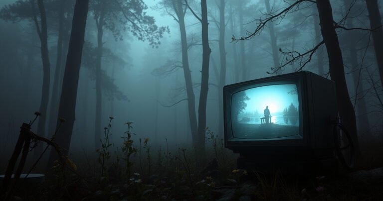 A mysterious, fog-drenched forest with shadows of watchful eyes peering through the trees, illuminated by the faint glow of a vintage TV set in the foreground. The screen flickers with scenes of an isolated community, hinting at the allure of the unknown, surrounded by wildflowers and creeping vines, creating an atmosphere of eerie curiosity.
