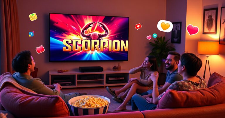 A vibrant living room scene with a cozy couch, popcorn bowl, and a large screen displaying the action-packed "Scorpion" logo. Colorful streaming service icons float around, while a group of friends excitedly discusses their favorite moments. Warm lighting creates an inviting atmosphere, showcasing a perfect movie night setup.