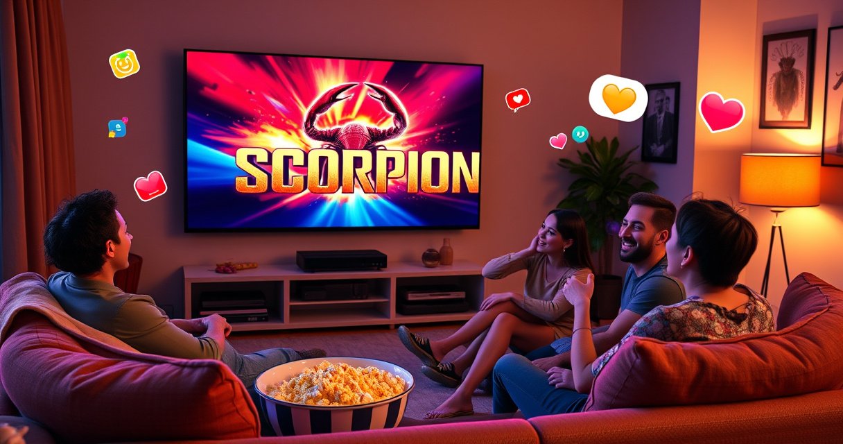 A vibrant living room scene with a cozy couch, popcorn bowl, and a large screen displaying the action-packed "Scorpion" logo. Colorful streaming service icons float around, while a group of friends excitedly discusses their favorite moments. Warm lighting creates an inviting atmosphere, showcasing a perfect movie night setup.