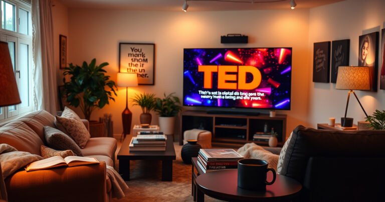 A cozy living room filled with warm, inviting light, featuring a plush sofa, a coffee table stacked with books, and a large TV screen displaying a vibrant TED Talk. Inspirational quotes hang on the walls, and a steaming mug rests nearby, embodying the perfect atmosphere for engaging discussions and learning.