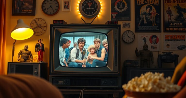 A vintage television set displaying a vibrant scene from "The A-Team," surrounded by nostalgic memorabilia like action figures and posters. Soft golden light illuminates the room, creating a cozy atmosphere, while a bowl of popcorn sits nearby. The walls are adorned with retro decor, evoking a sense of warmth and nostalgia for classic television.