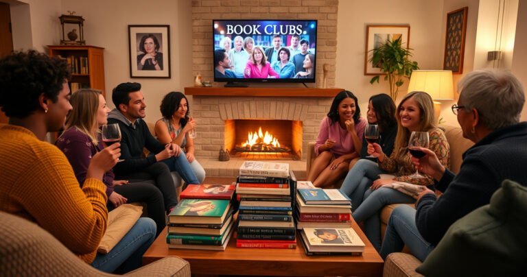 A cozy living room scene featuring a group of diverse friends gathered around a coffee table stacked with books, wine glasses in hand, soft lighting creating a warm atmosphere, a television in the background displaying a vibrant book club show, surrounded by plush cushions and a glowing fireplace, inviting a sense of camaraderie and discussion.