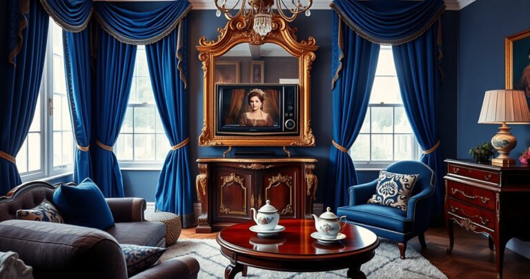 A luxurious living room adorned with royal blue velvet curtains, an ornate gold-framed mirror reflecting a vintage television screen showing a scene from a regal drama. Plush cushions with intricate patterns scattered on a plush rug, and a steaming cup of tea on a polished mahogany table complete the cozy yet opulent atmosphere.