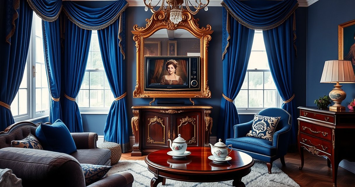 A luxurious living room adorned with royal blue velvet curtains, an ornate gold-framed mirror reflecting a vintage television screen showing a scene from a regal drama. Plush cushions with intricate patterns scattered on a plush rug, and a steaming cup of tea on a polished mahogany table complete the cozy yet opulent atmosphere.