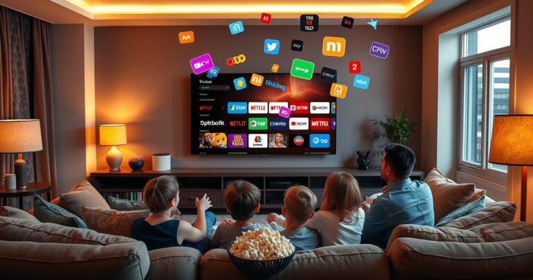 A cozy living room scene with a large flat-screen TV displaying various streaming platforms, surrounded by plush couches, popcorn bowls, and warm ambient lighting. A family gathers, excitedly choosing what to watch next, while colorful streaming icons float above them, creating a vibrant, inviting atmosphere of entertainment and togetherness.