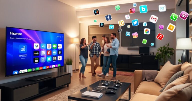 A modern living room with a sleek Hisense Smart TV displaying a vibrant app store interface. The room is cozy, with soft lighting, a plush couch, and a coffee table cluttered with tech gadgets. In the background, a family gathers, pointing and discussing, surrounded by digital icons of popular apps floating in the air.
