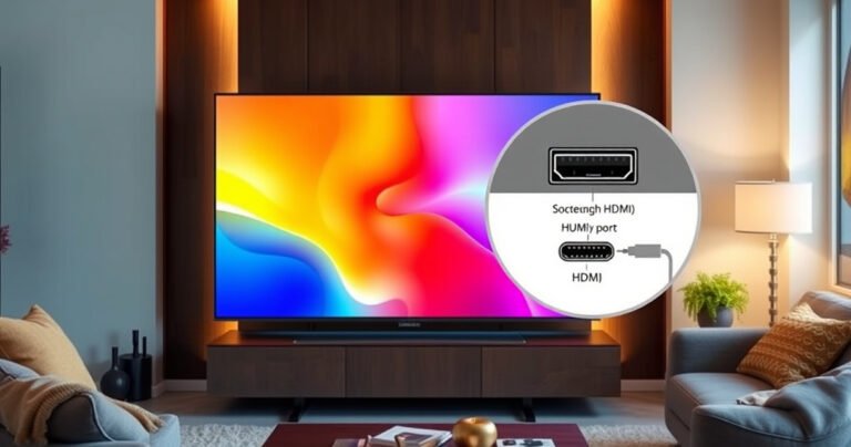 A sleek Samsung Smart TV displayed in a modern living room, vibrant colors highlighting its screen, with a close-up view of the HDMI port on the side. Soft ambient lighting casts a warm glow, while a user-friendly diagram visually guides viewers to the HDMI location, surrounded by cozy furniture and entertainment essentials.