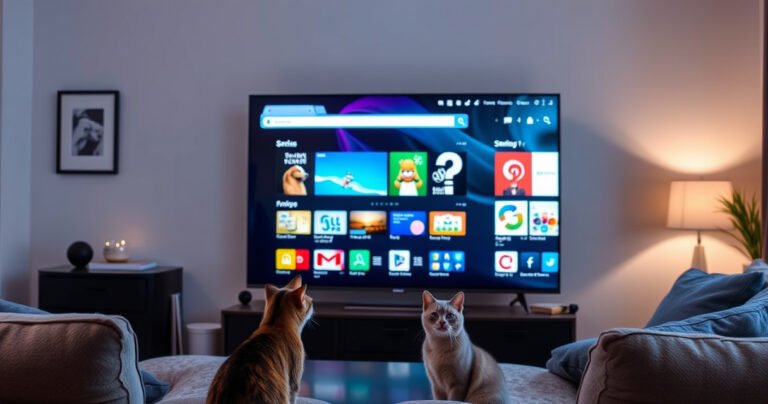 A sleek Samsung Smart TV glowing in a modern living room, surrounded by cozy furniture. The screen displays a vibrant web browser interface, colorful tabs open with popular websites. Soft ambient lighting highlights the TV, while a curious cat watches intently, adding a touch of warmth and intrigue to the scene.
