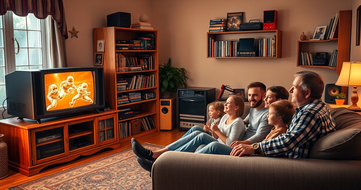 A cozy living room filled with warm light, showcasing a classic, large non-smart television on a wooden stand. Surrounding it, shelves filled with retro video games and DVDs. A family of four sits on a plush couch, smiling and enjoying a movie night together, creating a nostalgic atmosphere that invites connection and joy.