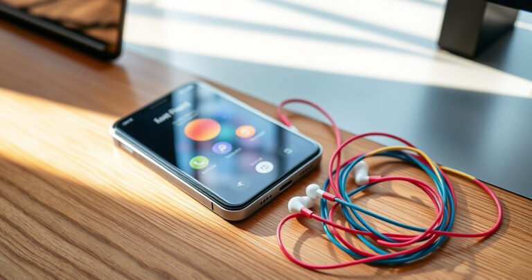A sleek smartphone resting on a modern wooden desk, surrounded by vibrant, colorful earphones. The phone's screen displays a lively app interface, while the earphones' tangled wires form an artistic pattern. Soft natural light filters through a nearby window, casting gentle shadows and highlighting the device's elegant design, inviting curiosity about the included accessories.