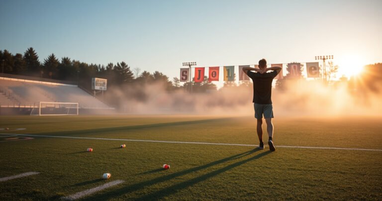 An empty sports field at dawn, sunlight breaking through mist, with scattered earbuds in various colors and sizes across the grass. In the background, a lone athlete stretches, contemplating the connection between sports and technology, as vibrant team banners flutter in the gentle breeze, hinting at the unplayed games that lie ahead.