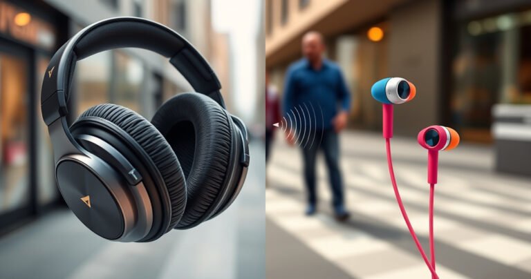 A split image showcasing a luxurious pair of over-ear headphones on one side, featuring plush cushions and sleek design, while the other side displays stylish, compact earphones in vibrant colors. The background is a blurred urban scene, hinting at music in motion, with sound waves visually emanating from both devices, illustrating their unique appeal.