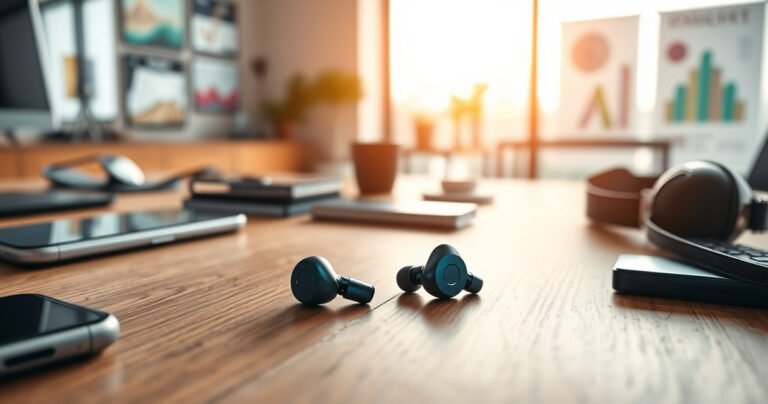 A sleek pair of Raycon earbuds resting on a modern wooden desk, surrounded by high-tech gadgets and stylish accessories. Soft natural light filters through a nearby window, highlighting the vibrant colors of the earbuds. In the background, blurred images of a bustling office environment and creative designs symbolize innovation and brand ownership.