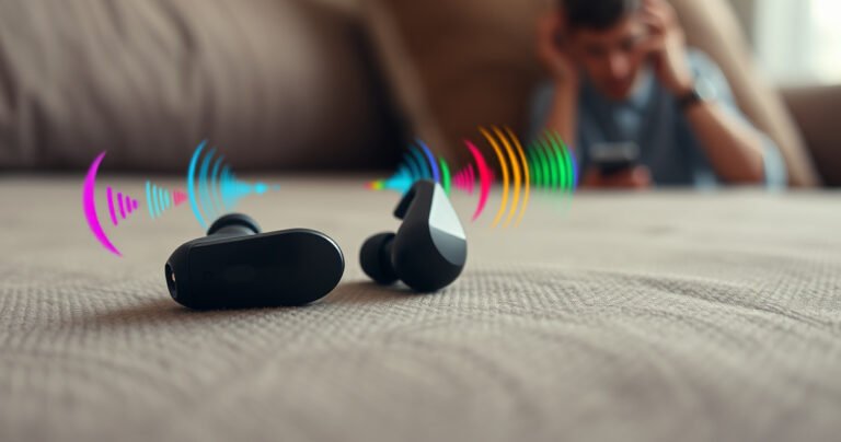 A close-up view of a pair of sleek Bluetooth earbuds resting on a soft, textured fabric. Surrounding them are sound waves illustrated as colorful, swirling patterns, contrasting with the muted ambiance of the background. Subtle hints of frustration are depicted through a faint, blurred image of a user adjusting their device with a puzzled expression.