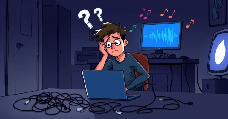 An illustration of a frustrated person sitting at a desk, surrounded by tangled wires and scattered earbuds, with a glowing laptop screen displaying a sound wave icon. The room is dimly lit, emphasizing the person’s puzzled expression, while hints of colorful sound waves float in the air, symbolizing the elusive connection to music.