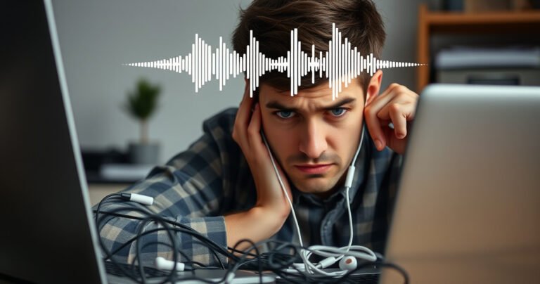 A close-up of a frustrated person sitting at a desk, surrounded by tangled wires and a laptop, with earbuds in hand. Their expression reveals confusion and annoyance, while a muted soundwave graphic hovers above, symbolizing low volume. Soft lighting highlights the cluttered workspace, creating a relatable atmosphere of tech troubleshooting.