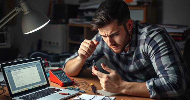 A cluttered workspace with a frustrated person inspecting tangled earphones, surrounded by tools like a multimeter and small pliers, a laptop displaying troubleshooting steps, and a soft glow of a desk lamp illuminating the scene, highlighting the struggle and determination to fix the problem.