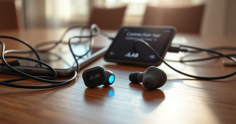 A close-up of a pair of sleek JLab earbuds on a wooden table, one earbud glowing with a soft blue light while the other lies dormant. Surrounding them are tangled wires and a smartphone displaying a connection error message. Sunlight streams in, casting a warm glow, highlighting the modern design and technology contrasts.