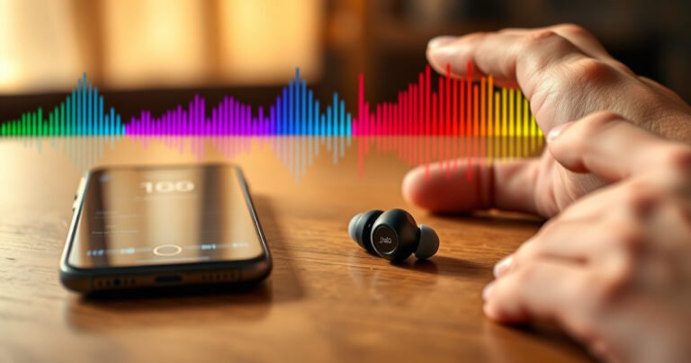 A close-up of a pair of sleek JLab earbuds resting on a wooden table, surrounded by sound waves visually represented in vibrant colors. Nearby, a smartphone displays audio settings, and a frustrated person’s hand reaches for the volume control, illustrating the struggle against low sound. Warm, inviting lighting enhances the scene's relatability.