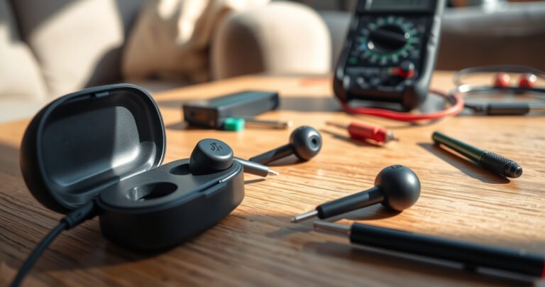A close-up view of a pair of Skullcandy earbuds resting on a wooden table, one earbud plugged into a charging case, soft natural light casting gentle shadows, surrounded by scattered technical tools like small screwdrivers and a multimeter, with a blurred background hinting at a cozy living space to convey a sense of troubleshooting and repair.