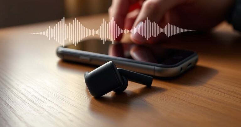 A close-up of sleek Soundcore earbuds resting on a wooden table, surrounded by soft, glowing light. Nearby, a hand gently adjusts the volume on a smartphone, while a faint soundwave graphic subtly rises in the background, emphasizing sound quality. The atmosphere conveys a sense of calm troubleshooting, inviting readers to explore solutions.