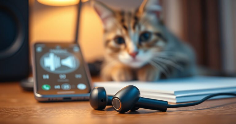 A close-up of sleek, modern wireless earbuds resting on a wooden desk, surrounded by faint soundwaves emanating from them. The background features a blurred smartphone showing a music app, while a curious cat peeks in, intrigued by the low volume. Soft, warm lighting enhances the inviting and tech-savvy atmosphere.