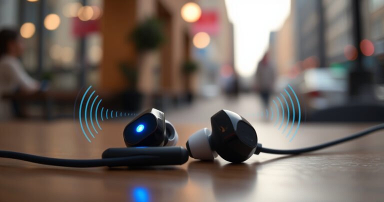 A close-up of a pair of stylish earbuds resting on a wooden table, one earbud glowing softly in bright blue while the other appears dim and muted. Surrounding them are tiny sound waves visually representing volume differences, with a blurred background of an urban setting, hinting at the bustling life that often distracts from sound quality.