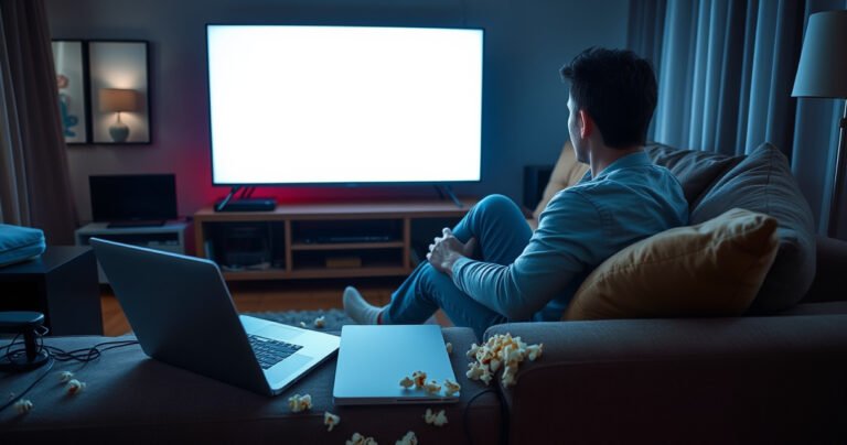 A frustrated person sitting on a couch, surrounded by modern electronics, looking at a blank TV screen. The room is dimly lit, with a remote in hand and a laptop open nearby showing a troubleshooting guide. Scatterings of popcorn and tangled wires add to the chaotic atmosphere, emphasizing the struggle of tech issues.