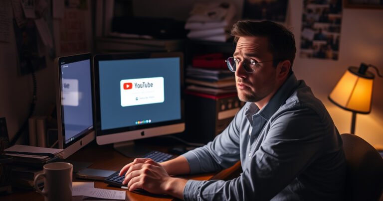 A frustrated user sitting at a cluttered desk, illuminated by the glow of a computer screen displaying a YouTube TV error message. The room is dimly lit, with scattered notes and a coffee cup, as the user's expression shifts from confusion to determination, embodying the struggle of fixing sign-in issues.
