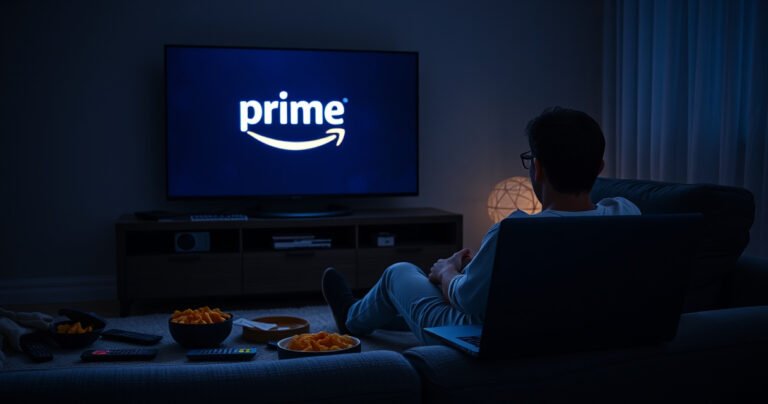 A frustrated person sitting on a cozy couch, surrounded by remote controls, with a large TV displaying the Amazon Prime logo but a buffering icon instead. Empty snack bowls scatter the floor, and a laptop is open nearby, showcasing troubleshooting steps. Dim light creates a moody atmosphere, emphasizing the tension of technology woes.