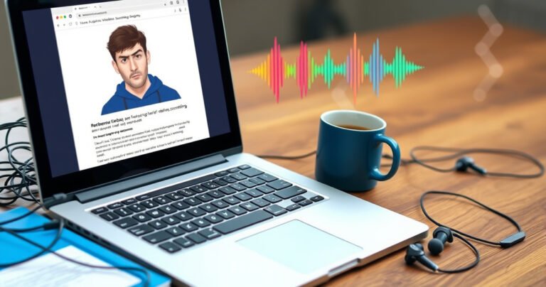An open laptop on a wooden desk, displaying a troubleshooting webpage about earbuds, surrounded by tangled wires and a frustrated person with a furrowed brow. Nearby, a steaming mug of coffee and a pair of disconnected wireless earbuds lie scattered, with colorful soundwave graphics hovering above, symbolizing connectivity issues.