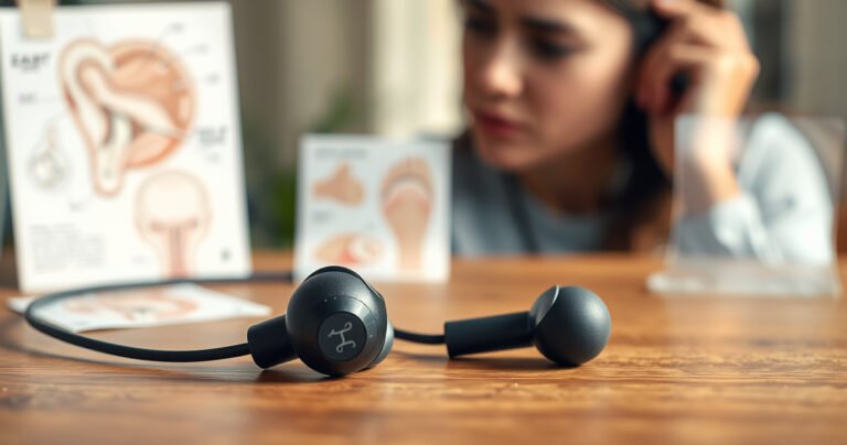 A close-up of a pair of snug earbuds resting on a wooden table, surrounded by soft, blurred ear anatomy illustrations. In the background, a concerned person gently touching their ear, with a thoughtful expression. Warm, natural lighting enhances the scene, emphasizing the intimate connection between technology and personal discomfort.